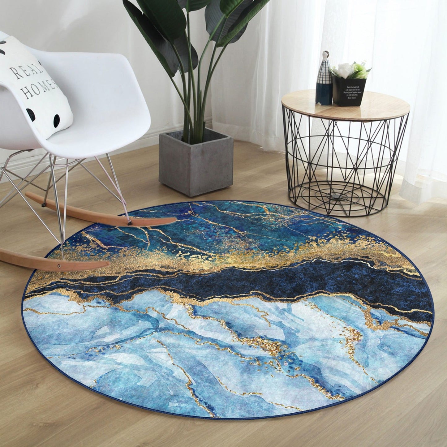 Blue Marble Pattern Luxury Home Decoration Washable Round Rug |