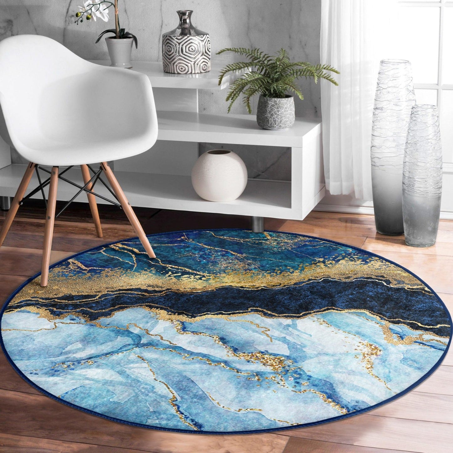 Blue Marble Pattern Luxury Home Decoration Washable Round Rug |