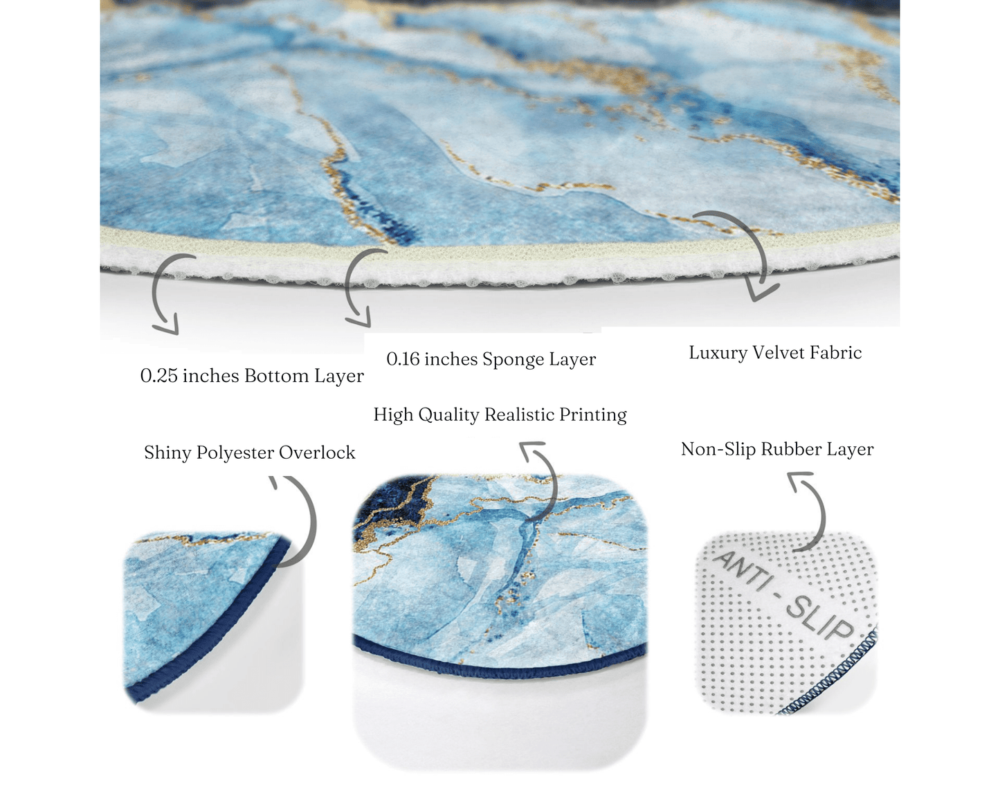 Blue Marble Pattern Luxury Home Decoration Washable Round Rug |