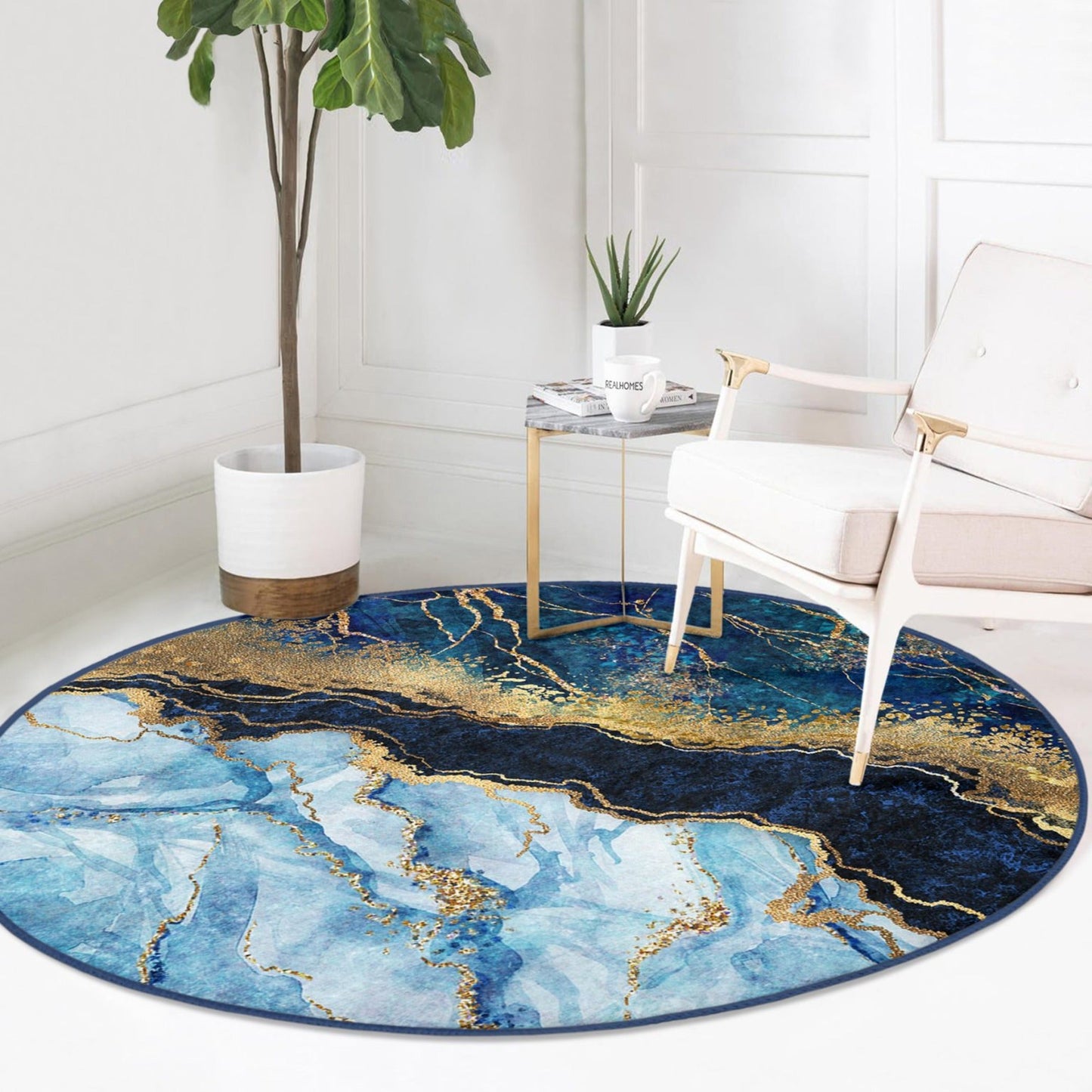 Blue Marble Pattern Luxury Home Decoration Washable Round Rug |