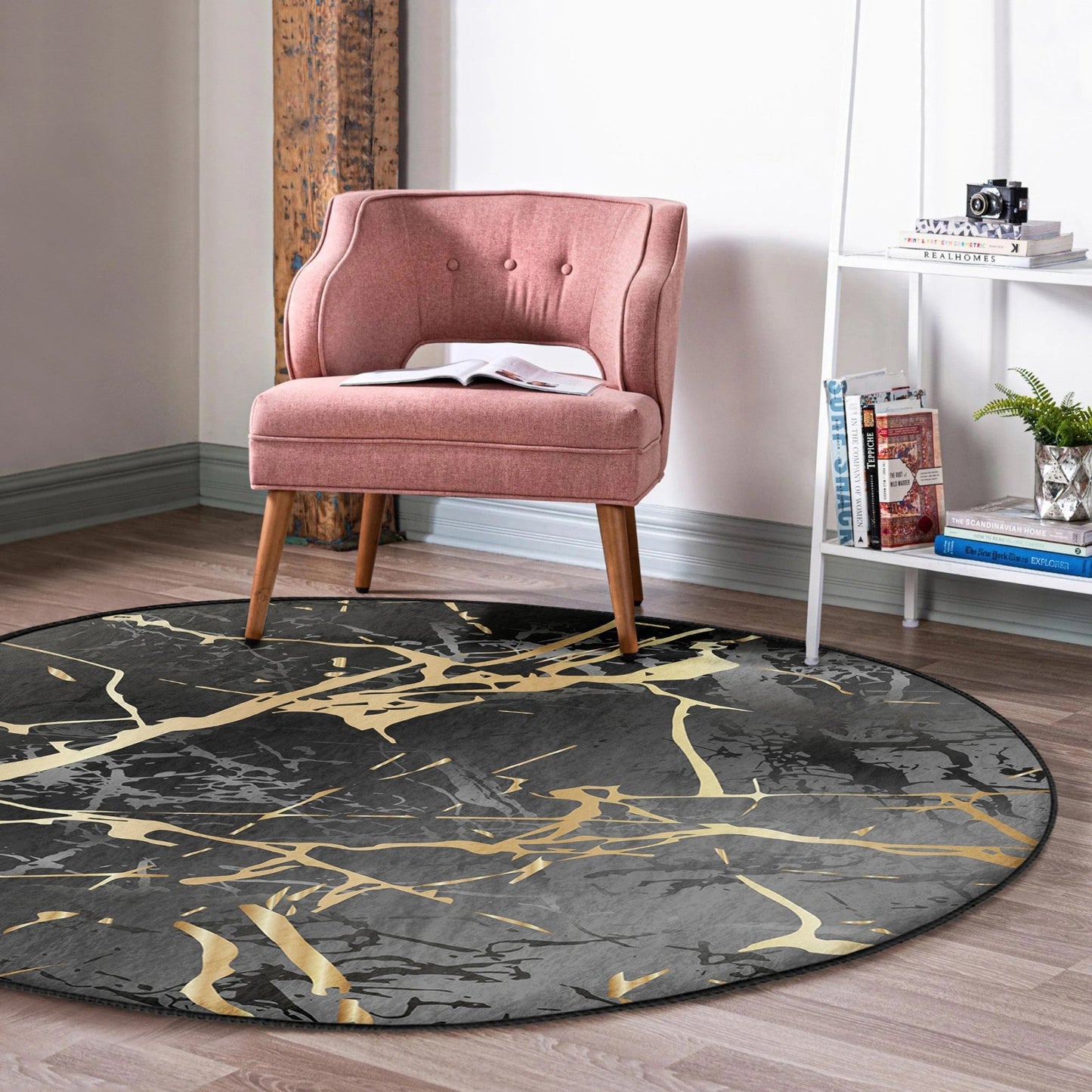 Black Marble Luxury Design Home Decorative Washable Round Rug |