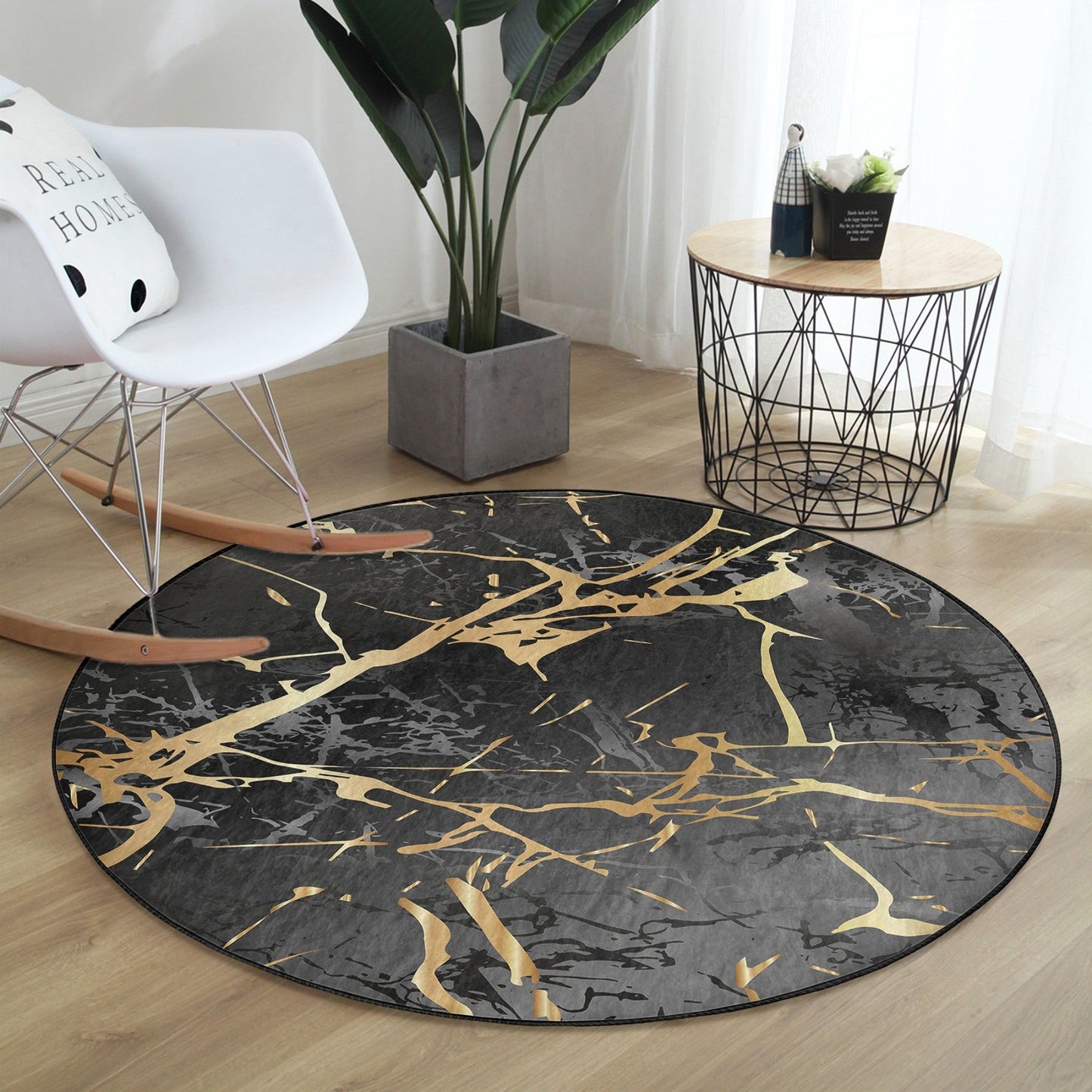 Black Marble Luxury Design Home Decorative Washable Round Rug |