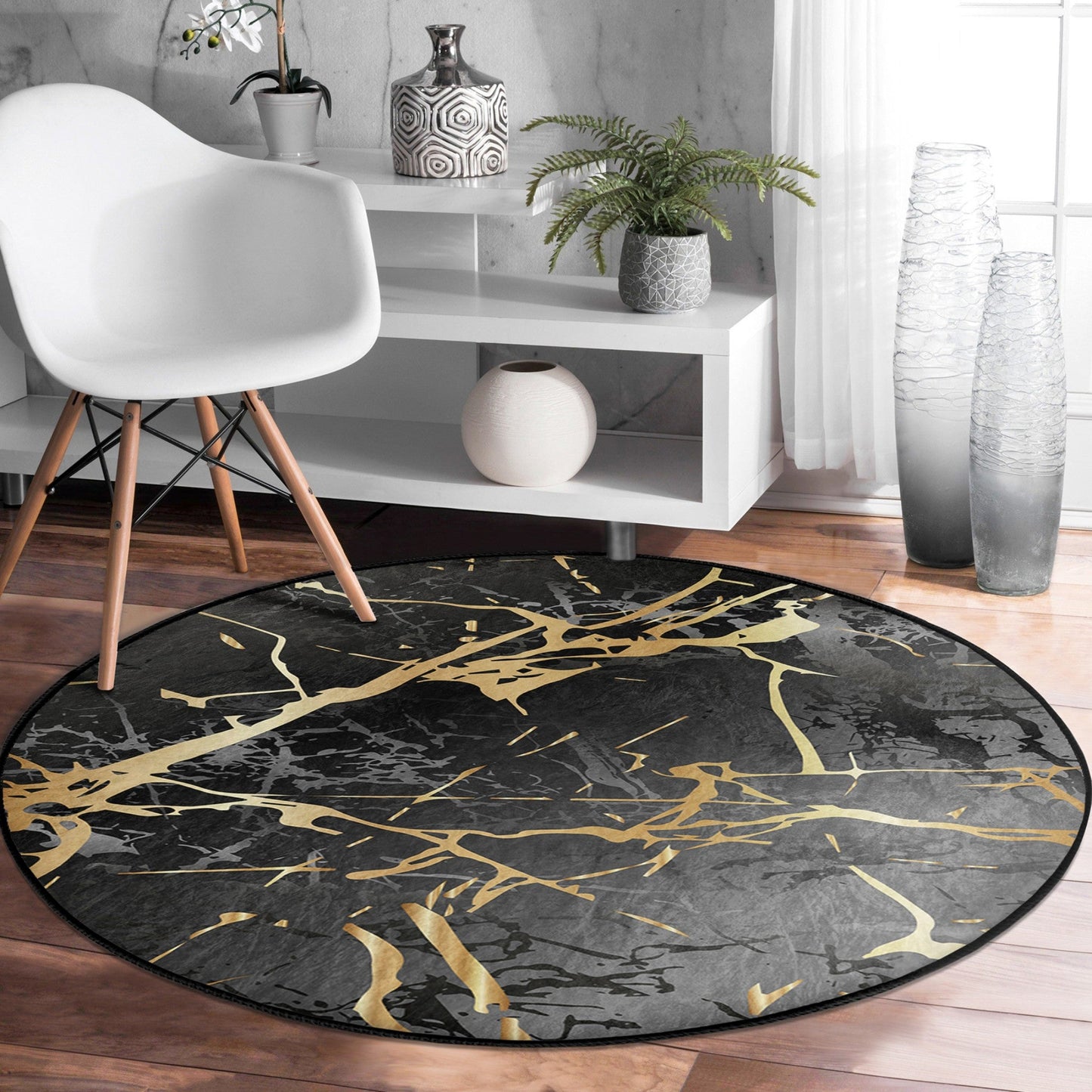 Black Marble Luxury Design Home Decorative Washable Round Rug |