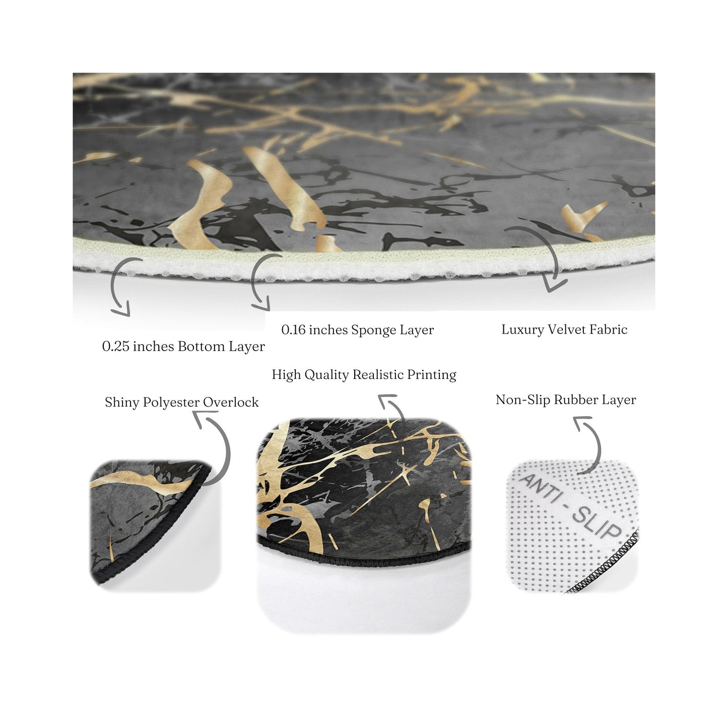 Black Marble Luxury Design Home Decorative Washable Round Rug |