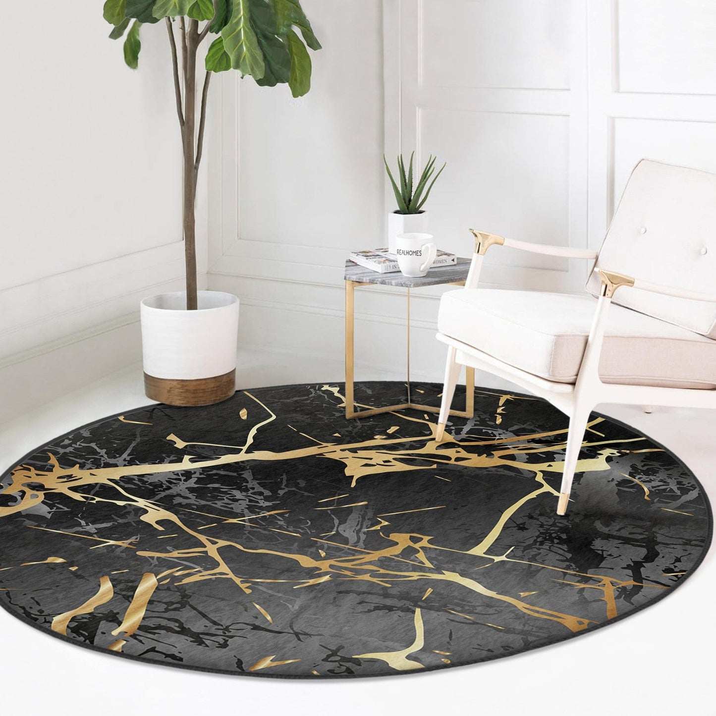 Black Marble Luxury Design Home Decorative Washable Round Rug |