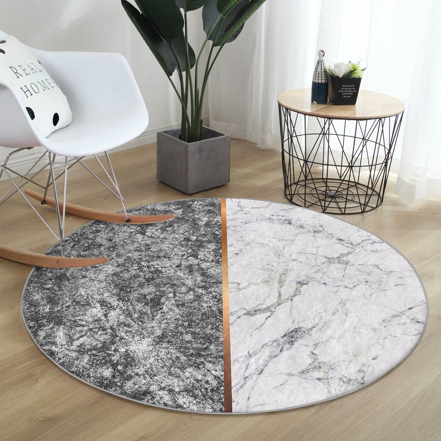 Grey-White Marble Pattern Luxury Home Washable Round Rug | Homeezone