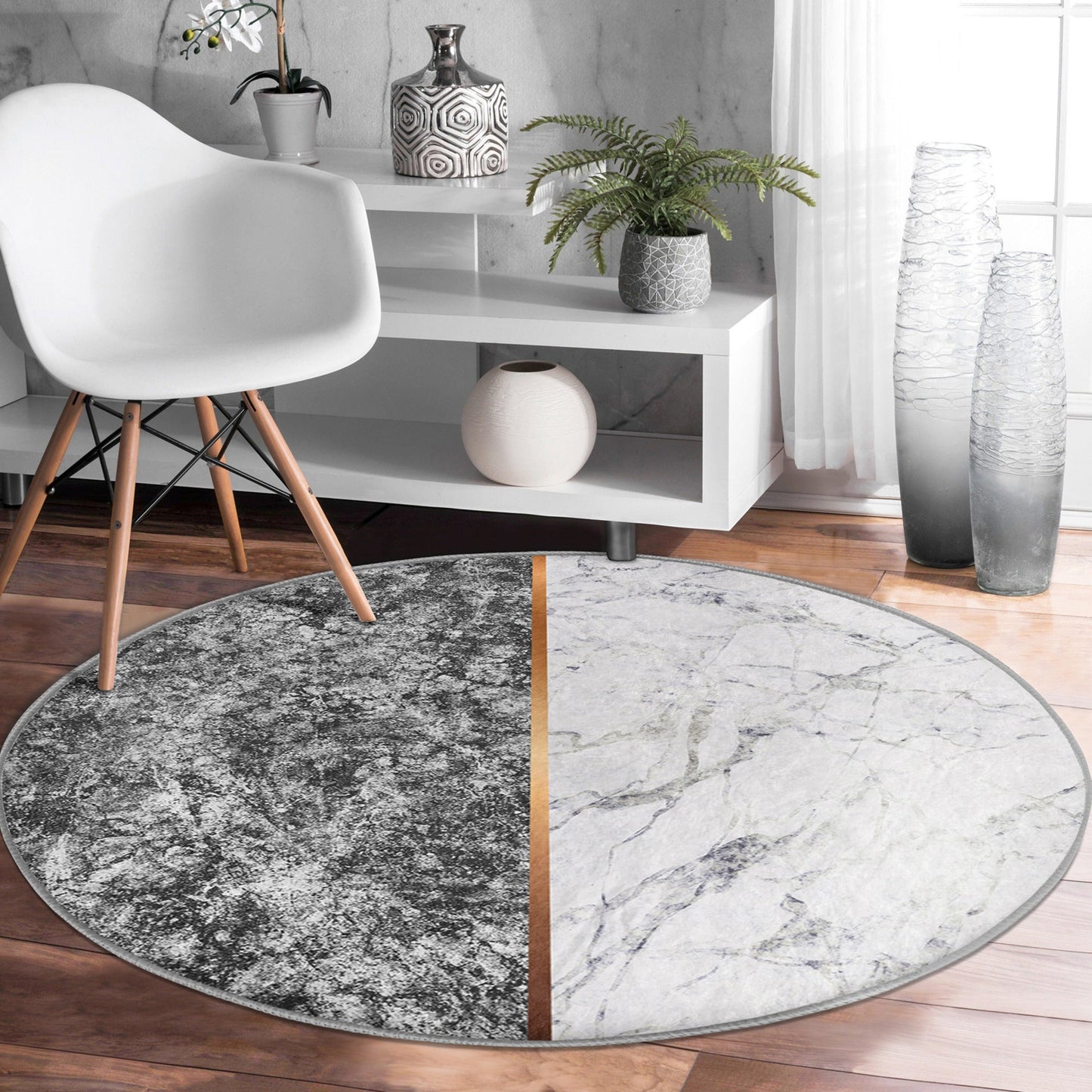 Grey-White Marble Pattern Luxury Home Washable Round Rug | Homeezone