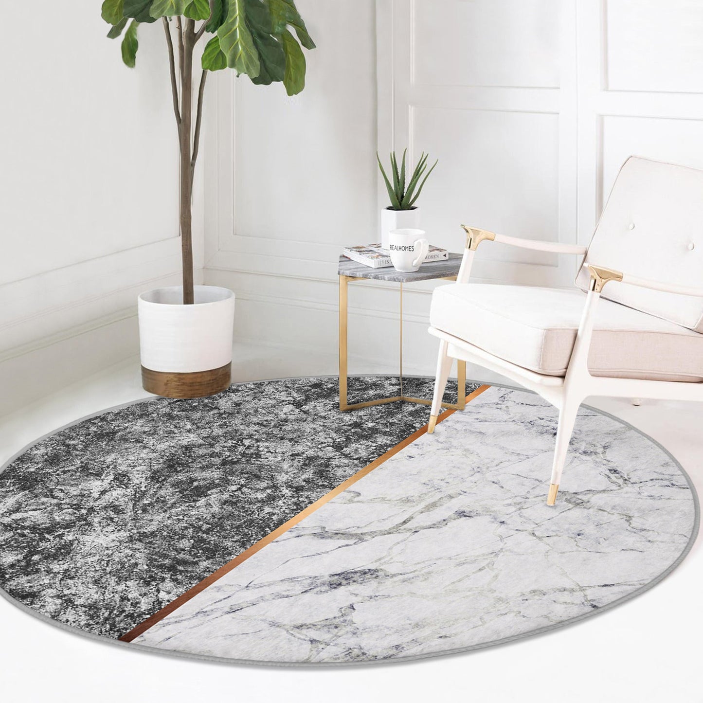 Grey-White Marble Pattern Luxury Home Washable Round Rug | Homeezone