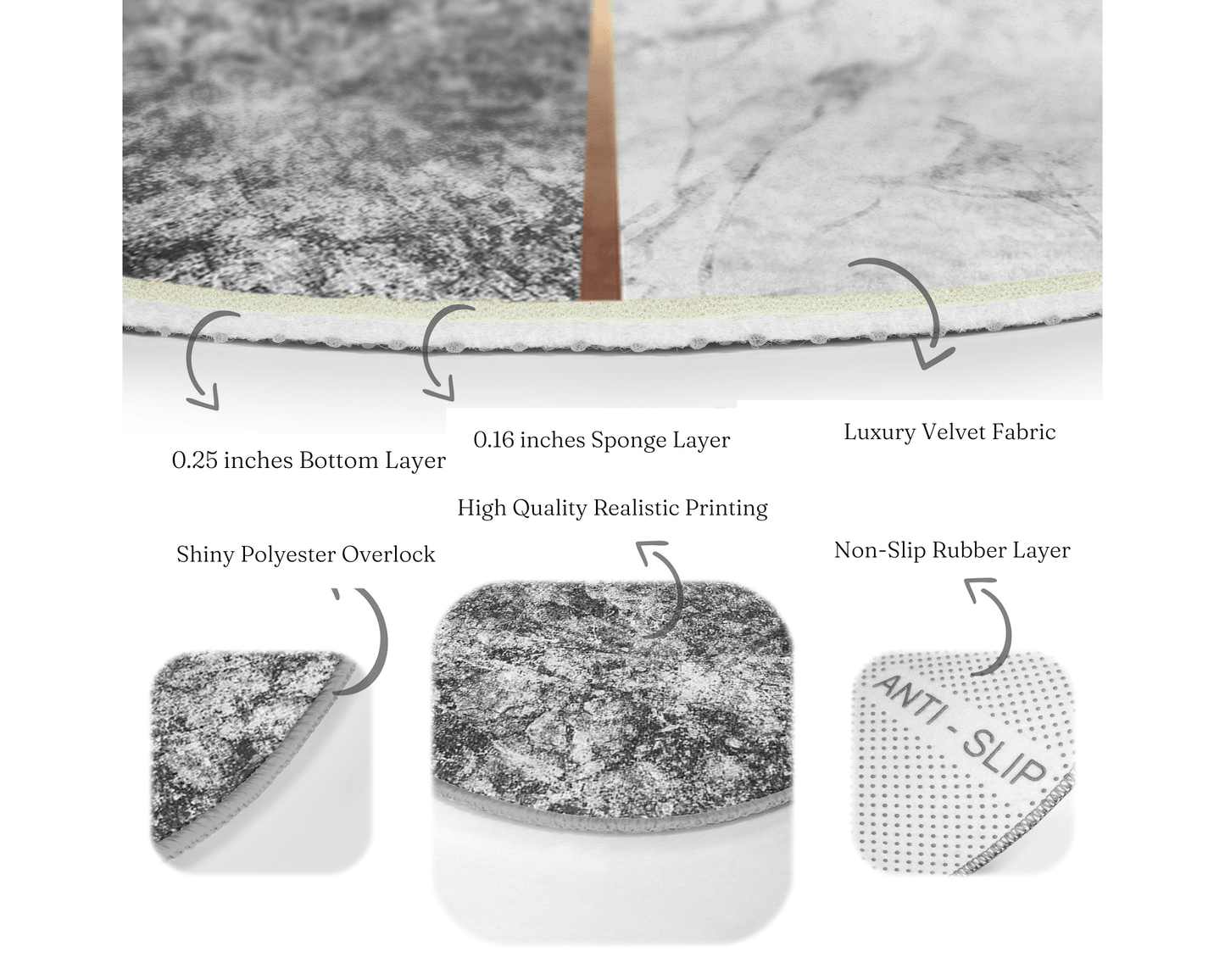 Grey-White Marble Pattern Luxury Home Washable Round Rug | Homeezone