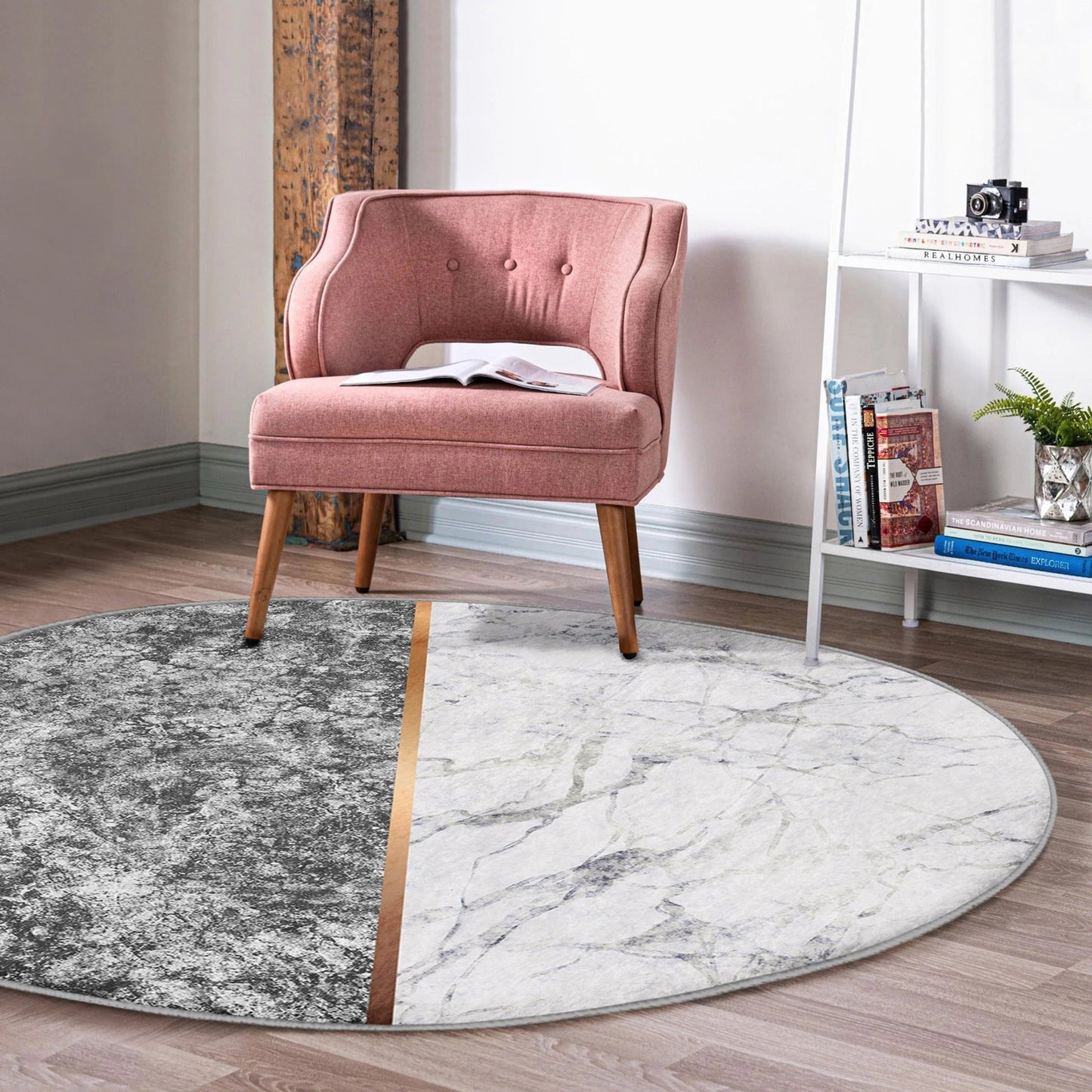 Grey-White Marble Pattern Luxury Home Washable Round Rug | Homeezone