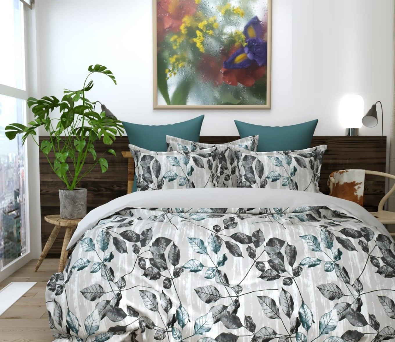 Cotton Bedsheet Set for All Seasons - Teal & Grey