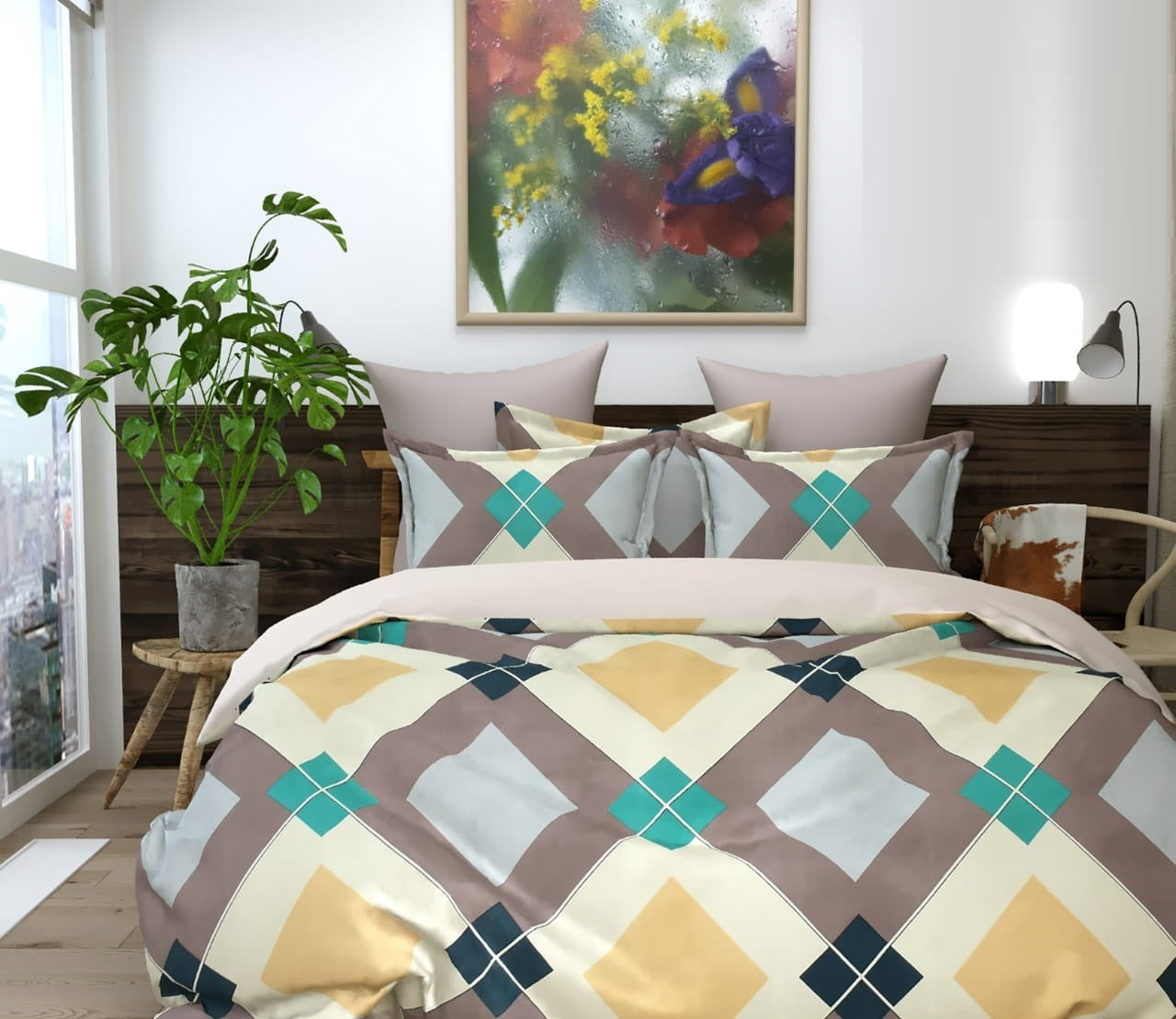 Cotton Bedsheet Set for All Seasons - Light Grey & Multicolor