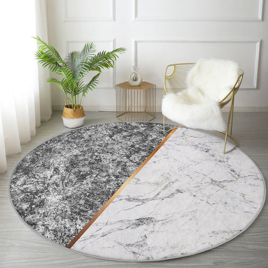 Grey-White Marble Pattern Luxury Home Washable Round Rug | Homeezone