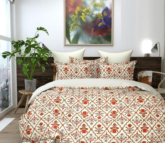 Cotton Bedsheet Set for All Seasons - Cream & Red